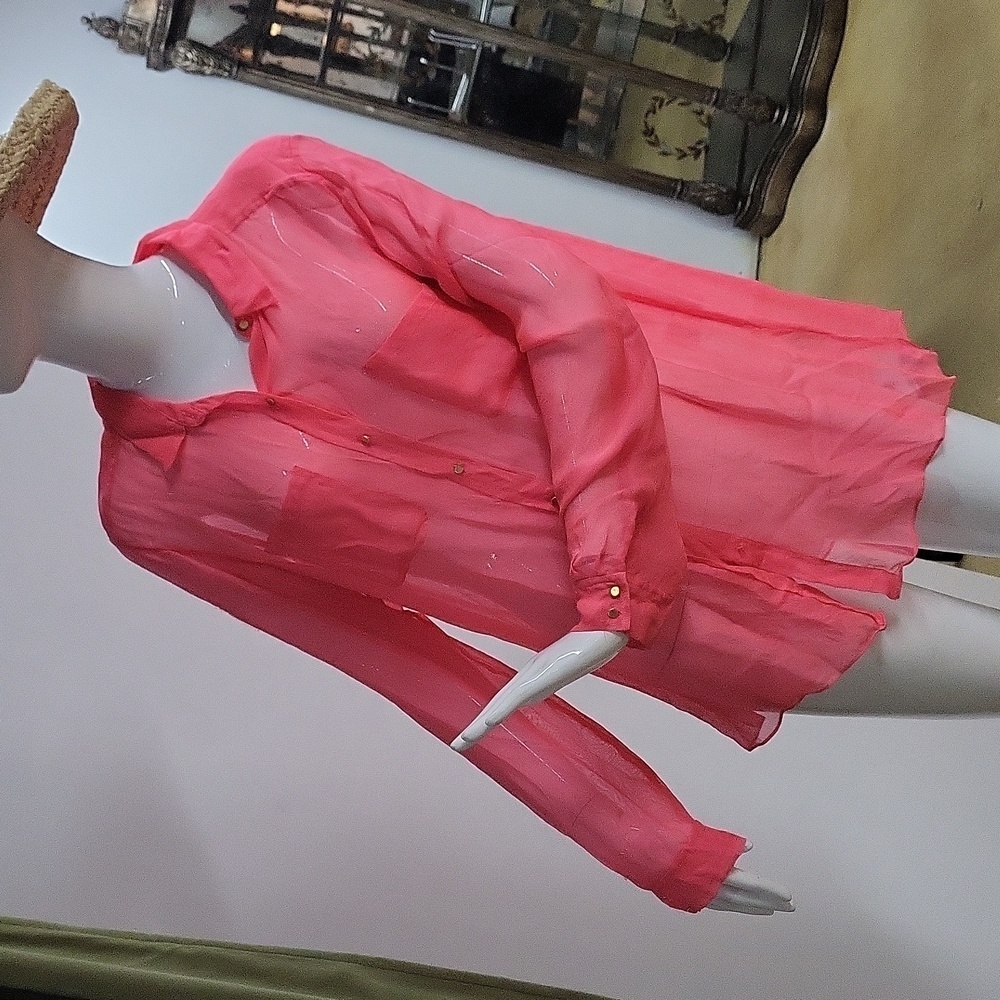 Rebecca Taylor Gauze Watermelon Silk Button Down Blouse